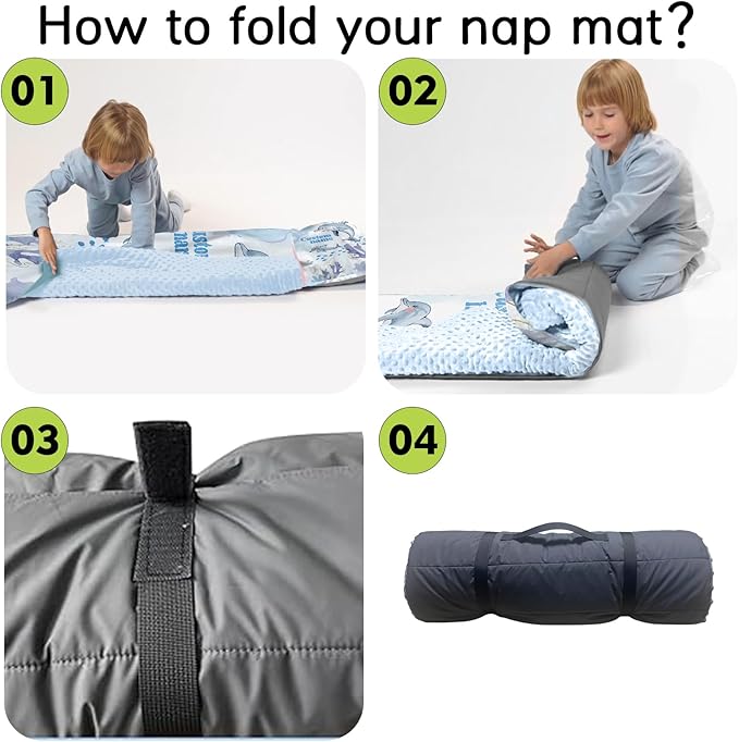 Personalized Toddler Nap Mats for Preschool, Custom Name Kids Sleeping Bag for Daycare, Roll Up Sleeping Mat with Removable Pillow and Soft Dot Minky Blanke for Boys Camping Travel