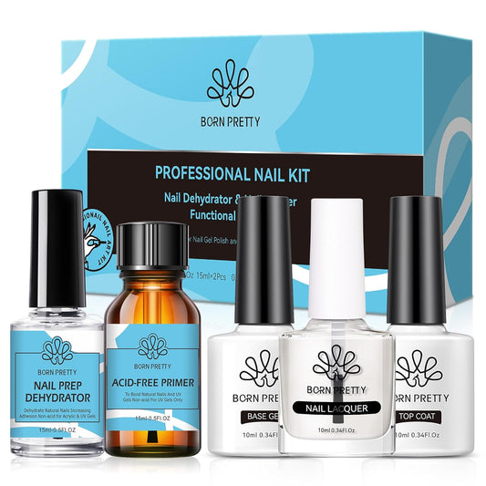 Born Pretty Nail Dehydrator and Primer, Nail Prep Dehydrator Acid Free Nail primer, Cuticle Oil for Nails, Base and Top Gel Coat Nail Supplies Functional Nail Set 5PCS