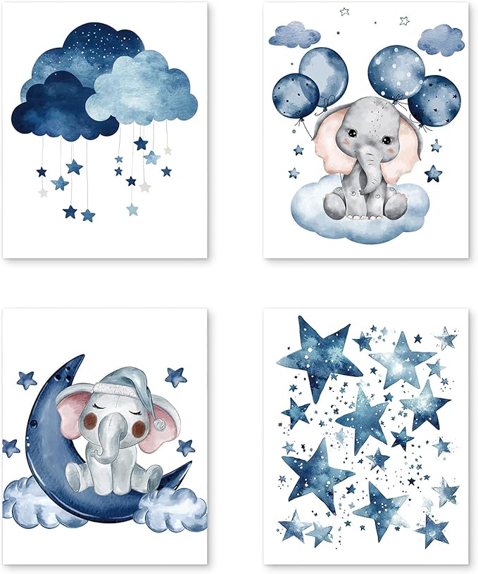 PUHEI Elephant Nursery Wall Art Prints Set of 4, Moon and Stars Nursery Wall Posters Decor for Boys Girls Room, Elephant Baby Gifts for Boys Twins Poster Prints (8x10 Inches UNFRAMED)