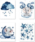 PUHEI Elephant Nursery Wall Art Prints Set of 4, Moon and Stars Nursery Wall Posters Decor for Boys Girls Room, Elephant Baby Gifts for Boys Twins Poster Prints (8x10 Inches UNFRAMED)