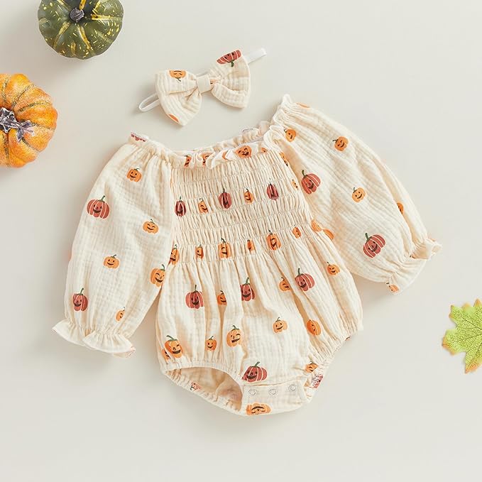 2pcs Infant Baby Girls Romper Dress Headband Long Sleeve Clothing Flowers Newborn Boho Girl Outfit Jumpsuit Clothes