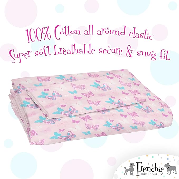 Frenchie Mini Couture, 2-Piece Kids Twin Sheets Set, 100% Woven Cotton, Deep Pocket Bed Sheet 39 x 75 x 15in + Pillowcase 20 x 30, Butterfly (Pink)