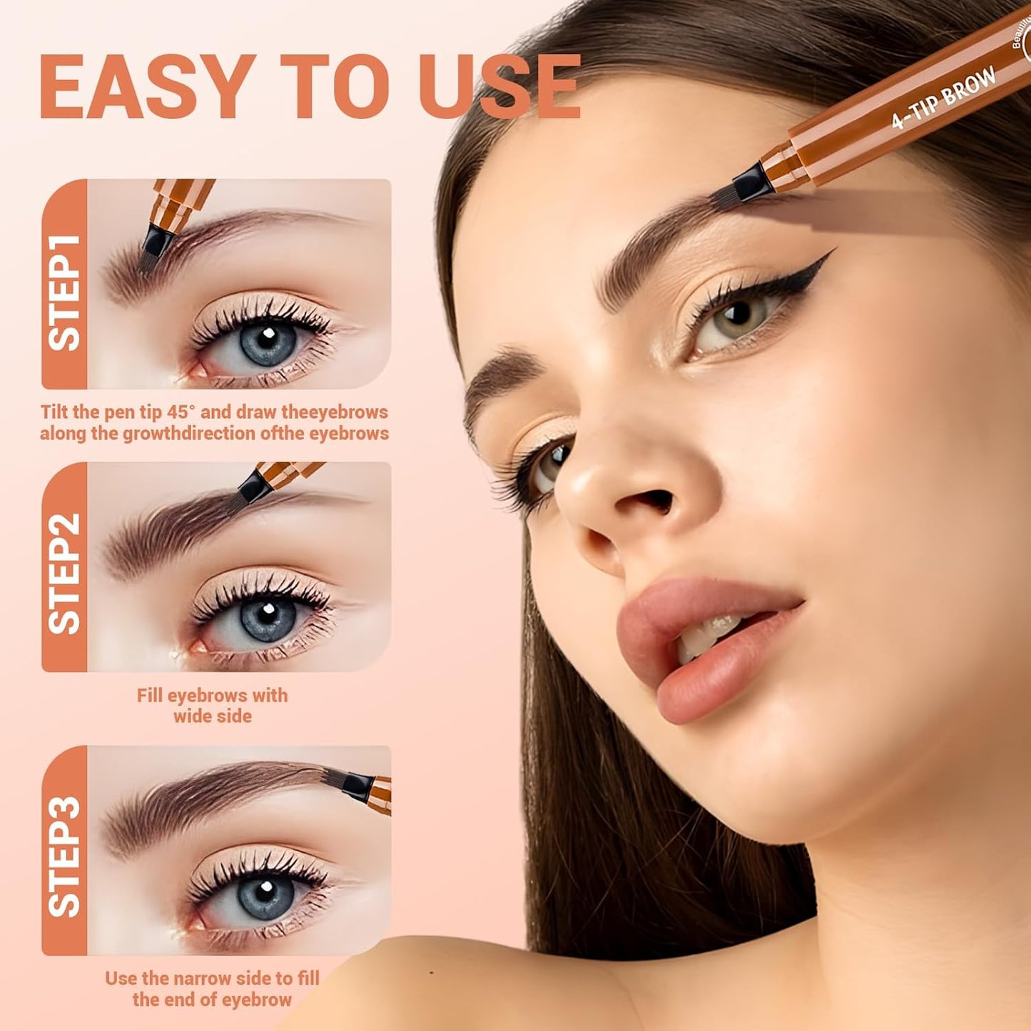 2025 New Magic Eyebrow Pencil, 4 Tipped Precise Brow Pen 3D Waterproof Microblading Contouring Pen Fine Stroke Microblading Eyebrow Pencil Creates Natural (Light Brown)