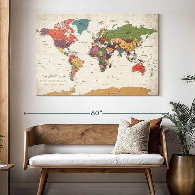 ElephantStock - Personalized World Awaits II Push Pin World Map Wall Art - Horizontal Canvas Wall Art - Living Room Wall Decor - Digital Art Map Canvas Art - Green And Beige Decor - 51" x 34"