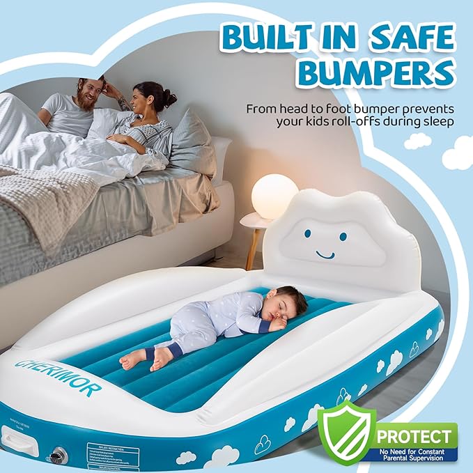 Inflatable Toddler Travel Bed, Portable Kids Air Mattress with 4-Sides Safety Bumpers & Electric Pump, Toddler Blow Up Mattress Bed for Travel Camping Grandma's Sleepovers, Gift for Kids