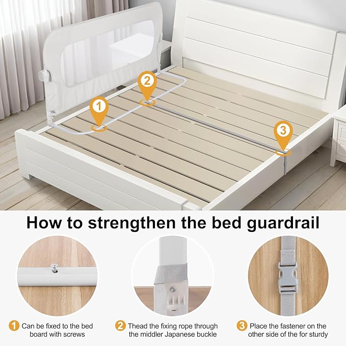 Bed Rail for Toddlers,Swing Down Kids Beds Rails Guard for Twin,Full,Queen,Bunk Size Bed,Extra Tall Child Bed Rail Guard with Reinforced Anchor Safety System(White,32 Inch,1 Side)