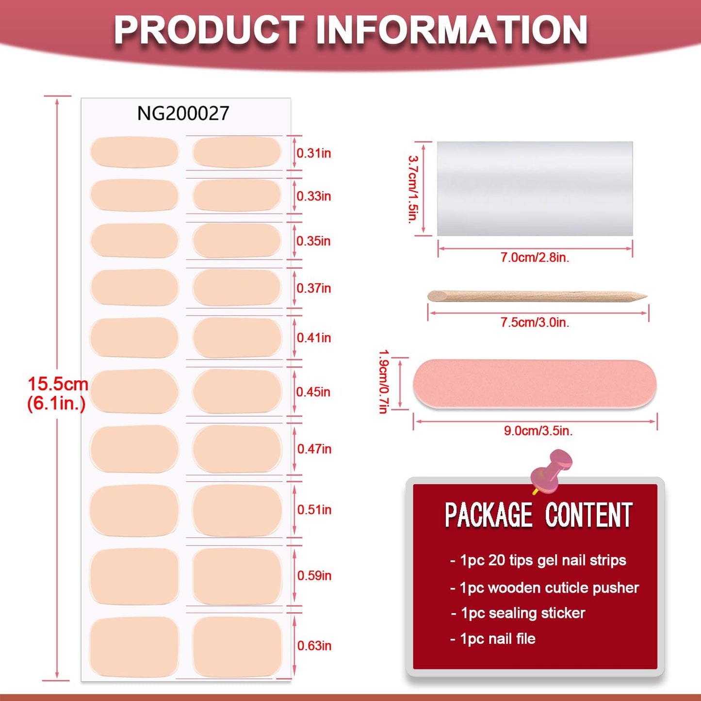 WOKOTO 20 Pcs Bisque Semi Cured Gel Nail Polish Strips With Nail File & Wooden Stick Holographic Gel Nail Strips UV Gel Nail Stickers Full Nail Wraps Stick On Nail Polish Stickers For Women