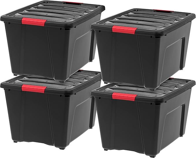 IRIS USA 51 L (54 QT) Plastic Storage Box with Lid and Latches - 4 Pack - BPA-Free, Garage Organizing Solution, Durable Nestable Stackable Containers, Secure Pull Handle - Black