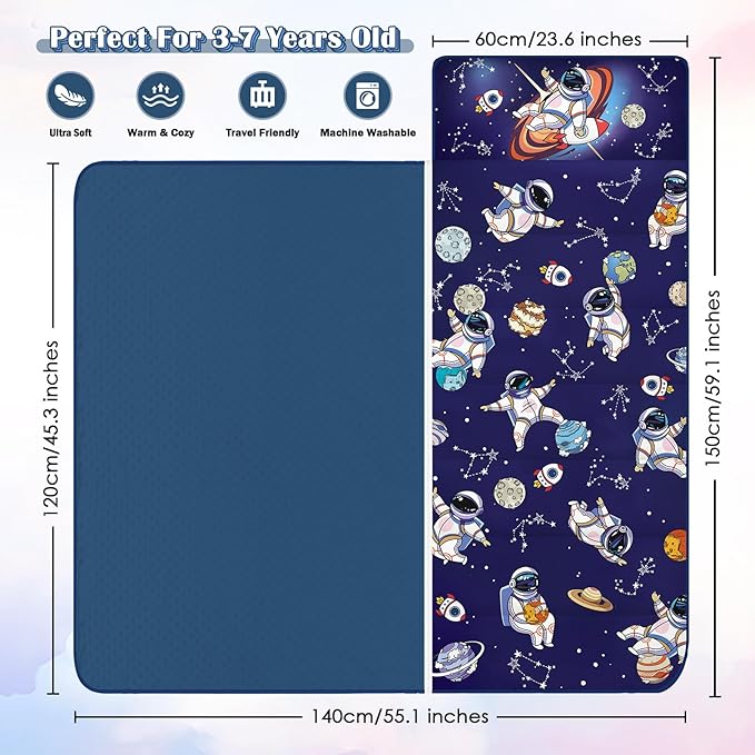 Toddler Nap Mat Kids Sleeping Bag 59"×24", Soft Slumber Bag with Removable Pillow and Blanket for Kids Girls Boys,Roll Up Sleeping Mat Thick for Camping,Daycare, Kindergarden