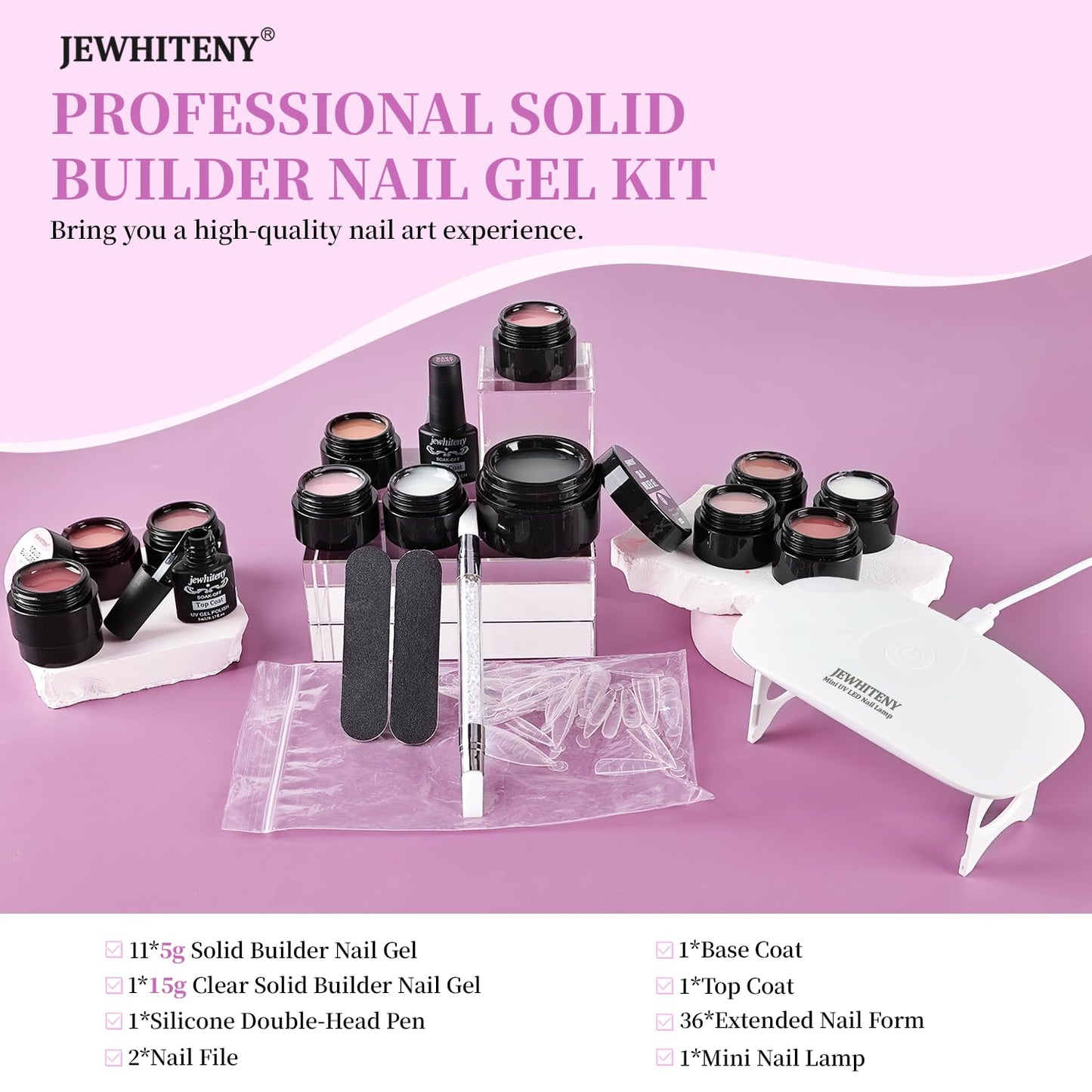 JEWHITENY 12 Colors Non-Sticky Solid Builder Gel Kit:3D Sculpting Gel with Mini U V Nail Lamp for Nail Extension,Modeling, Sculpture