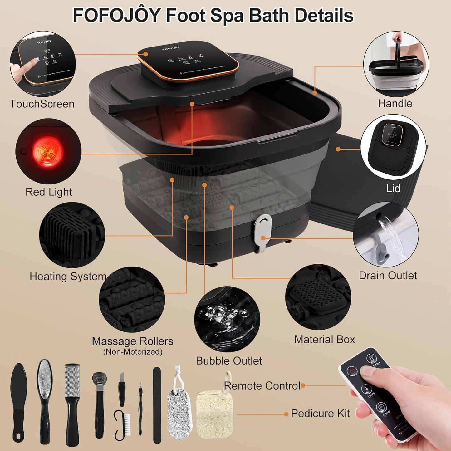 Collapsible Foot Spa Bath with Heat and Massage Roller, Bubble, Temperature Control, Remote Control, Foot Pedicure Kit, Pedicure Foot Spa