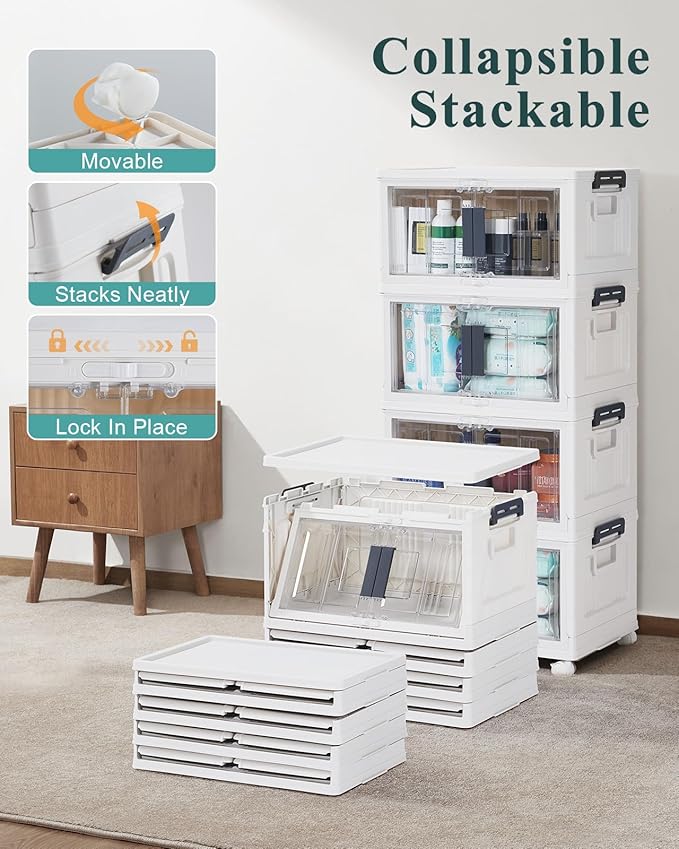 OlarHike 23QT Stackable Storage Bins with Lids - Folding Storage Box with Doors and Wheels, Collapsible Plastic Storage Drawers for Closets, 4 Pack Cubes