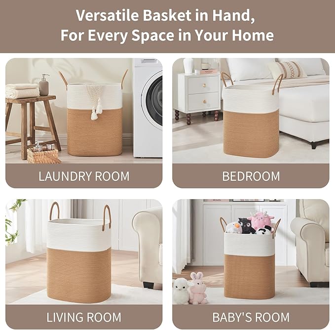 Laundry Basket with Handles - Blanket Basket & Hampers for Bedroom Aesthetic, Laundry Hamper & Blanket Storage for Living Room, Clothes Hamper, Tall, Large 17" x 14" x 22”, White & Jute