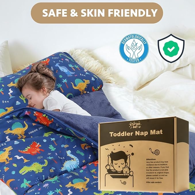 Toddler Nap Mat with Detachable Pillow & Blanket - Soft Plush Minky Fleece Kids Sleeping Bag for Daycare, Preschool & Travel - Portable Roll-Up Design with Carry Handle - Boys Girls Ages 3+