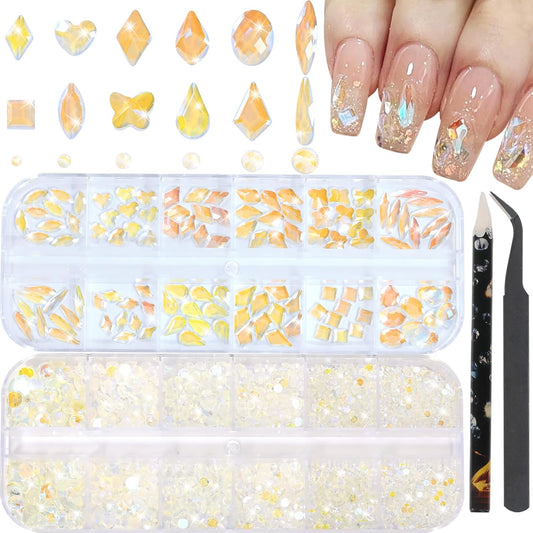 Nail Rhinestones - 3D Multi Shape Size, Flat Back, Manicure Rhinestones Charms, Crystal Aurora Gems, with Kit, for Nail Art, Bedazzling Acrylic Nails, DIY Decor