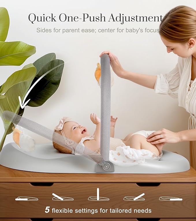 Wipe-Clean Baby Changing Pad, Waterproof Durable PU Pad, Soft & Non-Slip Safety Belt & Hanging Toys, Easy to Adjust & Removable Bar, Gray