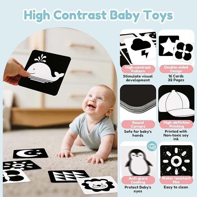 TSYAN High Contrast Baby Toys for Babies 0-6 Months, Black and White Baby Sensory Toys with Car Seat Toys,Infant Toys with Black White Cards Book, Montessori Toys for Baby Gifts