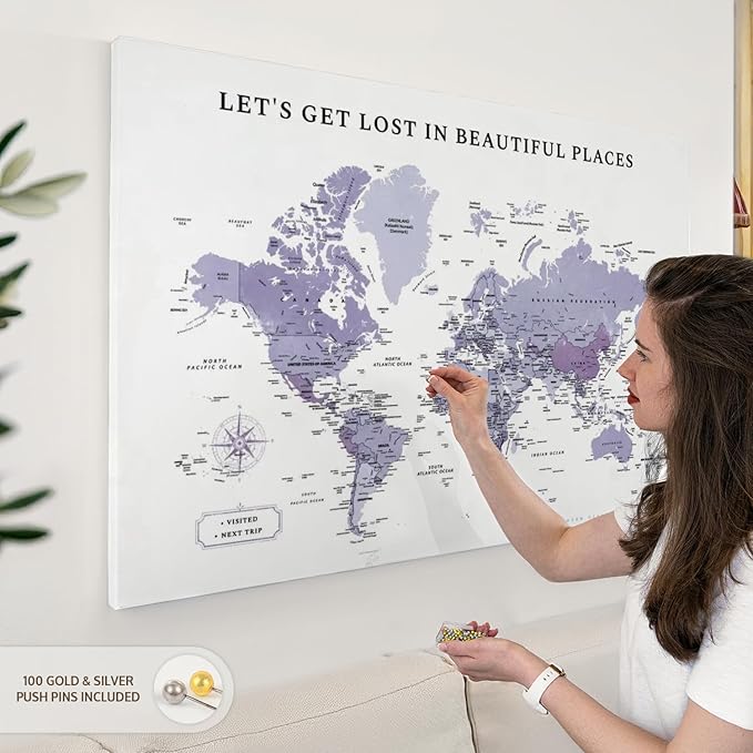 ElephantStock - Beautiful Places II Push Pin World Map Wall Art - Horizontal Canvas Wall Art - Living Room Wall Decor - Digital Art Map Canvas Art - White And Black Decor - 45" x 30"