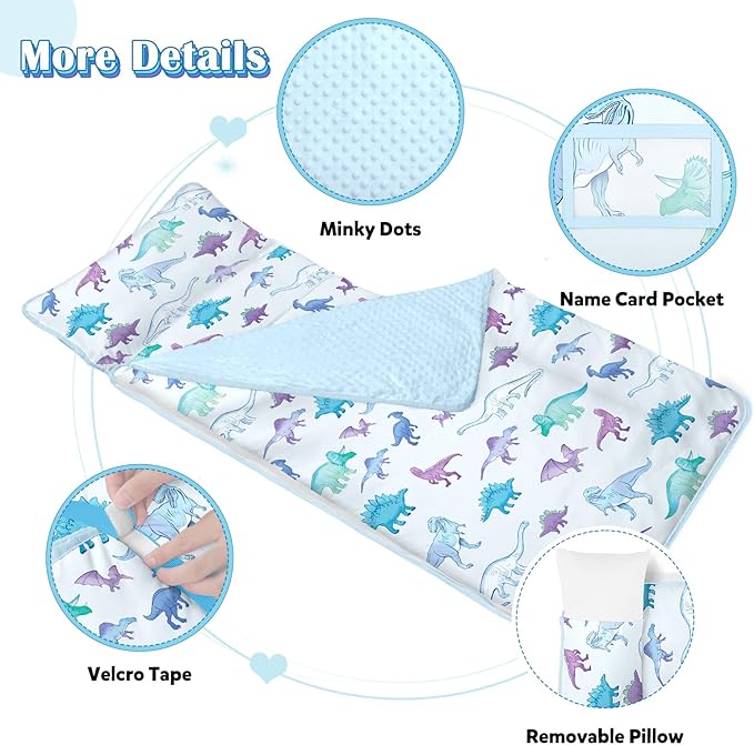Toddler Nap Mat Kids Sleeping Bag 59"×24", Soft Slumber Bag with Removable Pillow and Blanket for Kids Girls Boys,Roll Up Sleeping Mat Thick for Camping,Daycare, Kindergarden
