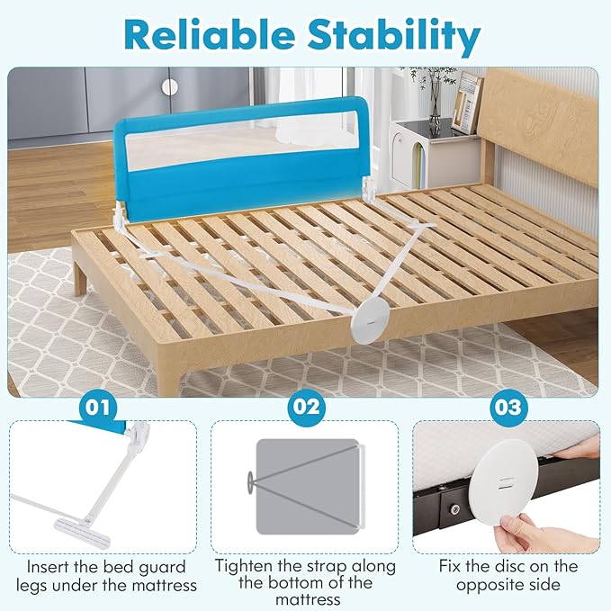 BABY JOY Bed Rails for Toddlers, 59'' Extra Long, Swing Down Bed Guard w/Safety Straps, Folding Baby Bedrail for Kids Twin, Double, Full Size Queen & King Mattress (Blue, 59-Inch)