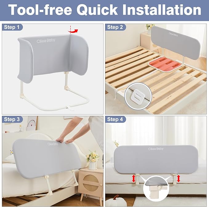 Ciilee Baby Bed Rail for Toddlers Portable Travel Kids Beds Guard Rails for Queen Bed Foldable Children Side Railing for Twin Beds Adjustable Bedrail Barandas para Camas de Niños（Grey,32in