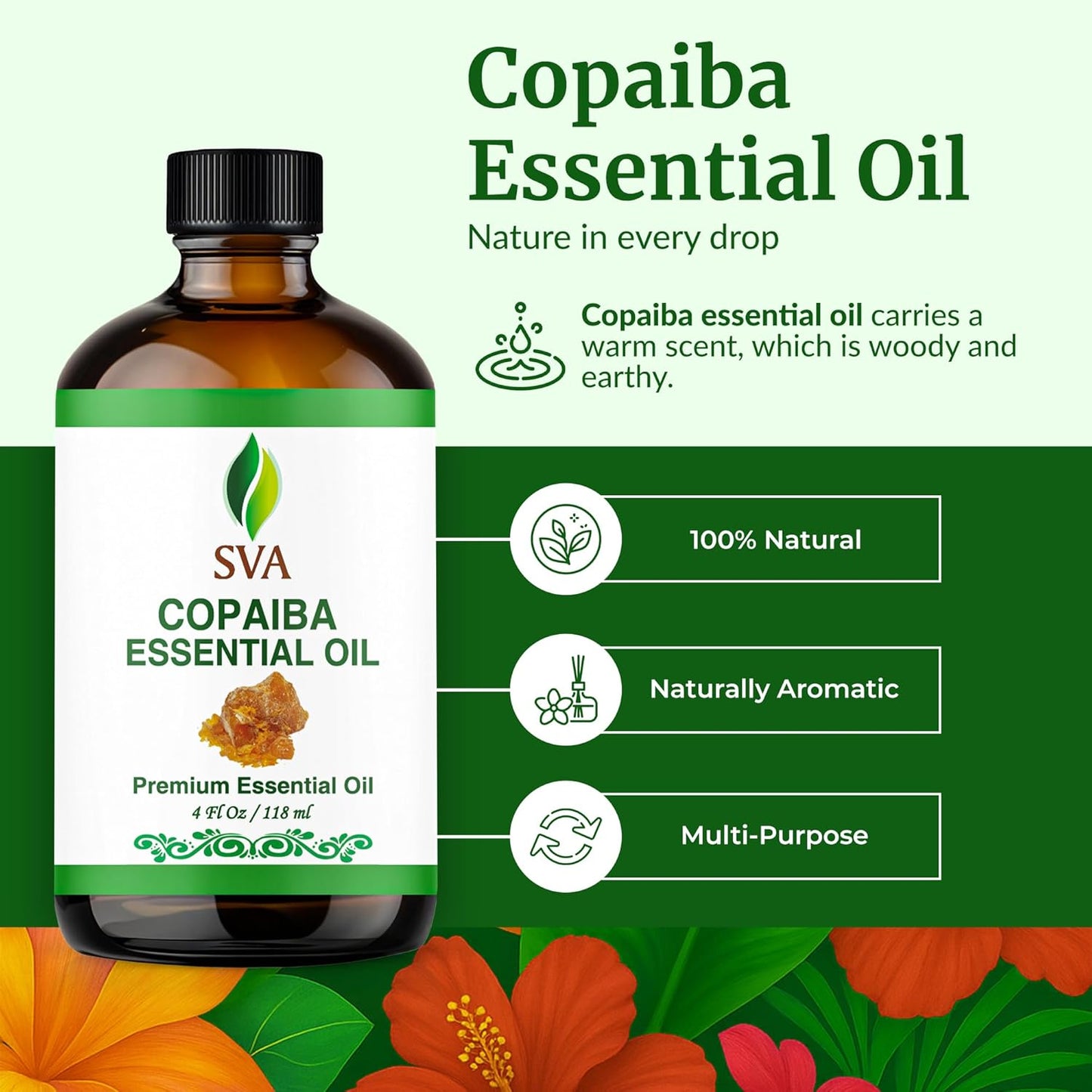 SVA Copaiba Essential Oil – 4 Fl Oz – 100% Natural Copaiba Oil - for Diffuser, Hair Care, Face, Skin Care, Aromatherapy, Scalp and Body Massage, Soap and Candle Making – with Dropper