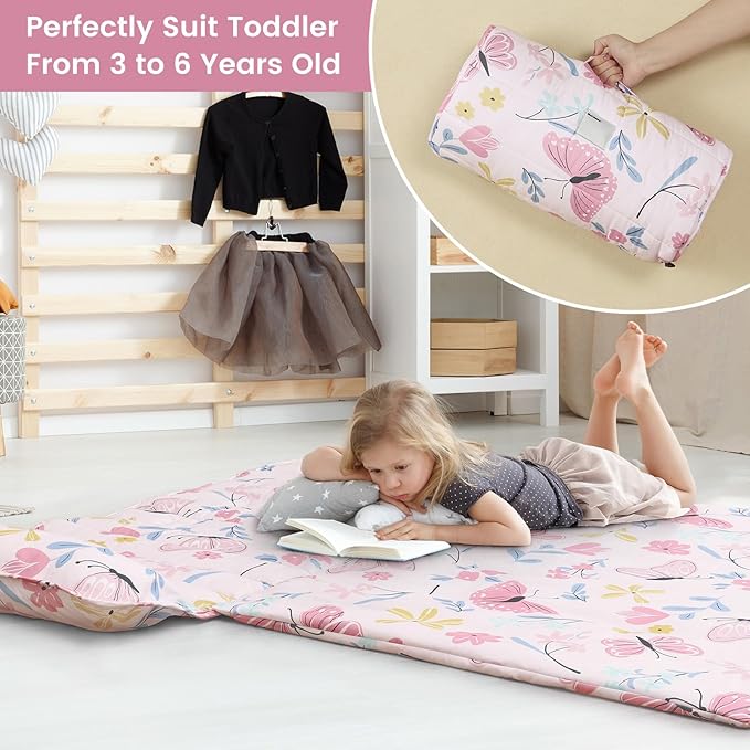 PHF Butterfly Toddler Nap Mat Set, with Removable Pillow for Toddler Girls, Soft and Lightweight for Daycare, Preschool, Travel, Kindergarten Sleeping Bag, Fits Ages 3-6 Years, Butterfly