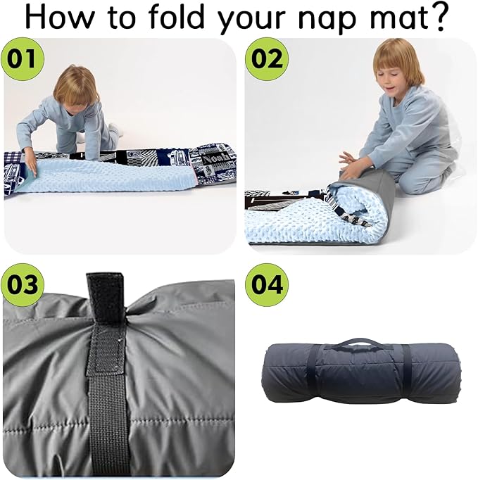 Personalized Toddler Nap Mats for Preschool, Custom Name Kids Sleeping Bag for Daycare, Roll Up Sleeping Mat with Removable Pillow and Soft Dot Minky Blanke for Boys Camping Travel