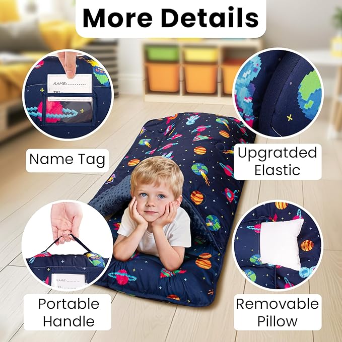 Toddler Nap Mat with Pillow and Minky Blanket, Large 55"x35" Sleeping Bag, Washable, Lightweight, Easy to Roll, Perfect for Preschool, Daycare, Kindergarten, Travel, Boys and Girls(Space)