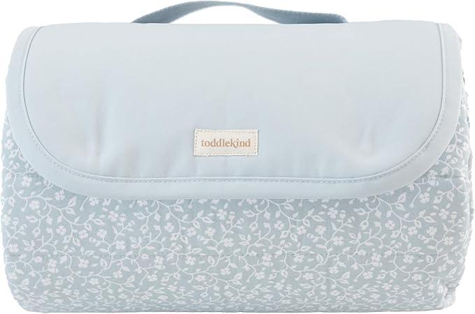 Toddlekind Premium Indoor/Outdoor Playmat & Picnic Blanket, Organic Quilted Cotton, Water-Resistant, Reversible Design, Spacious Play Mat for 6 People, Easy Roll-Up w/Carry Handle, Botanical Blue
