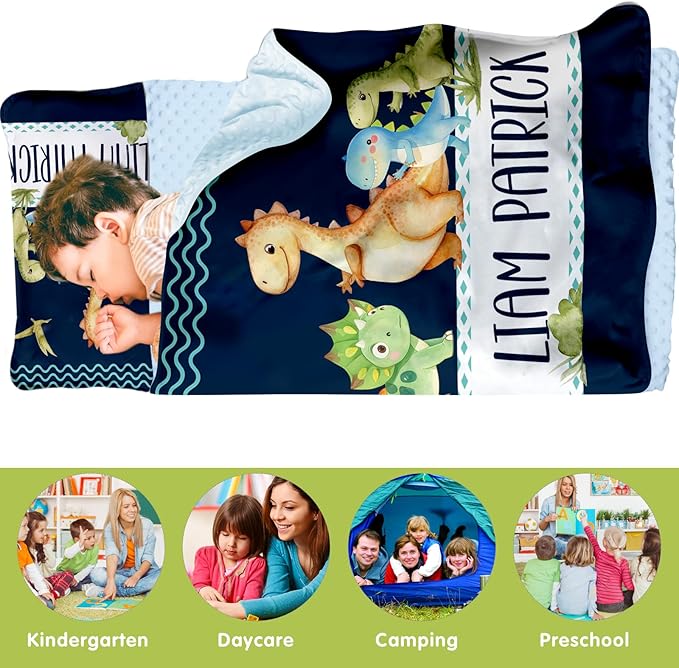 Personalized Toddler Nap Mats for Preschool, Custom Name Kids Sleeping Bag for Daycare, Roll Up Sleeping Mat with Removable Pillow and Soft Dot Minky Blanke for Boys Camping Travel