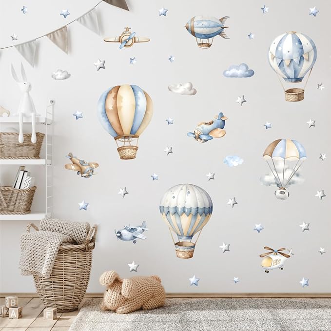 Watercolor Hot Air Balloon Wall Stickers, Hot Air Balloon Airplane Clouds Vinyl Wall Decals, Removable DIY Wall Art for Kids Bedroom Playroom Toddler Room Decor