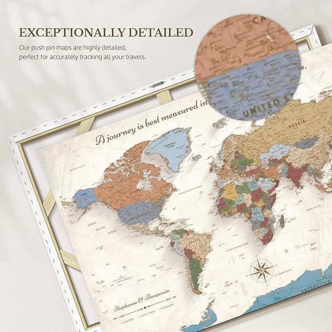 ElephantStock - Personalized Journey V Push Pin World Map Wall Art - Horizontal Canvas Wall Art - Living Room Wall Decor - Digital Art Map Canvas Art - Beige And Orange Decor - 36" x 24"