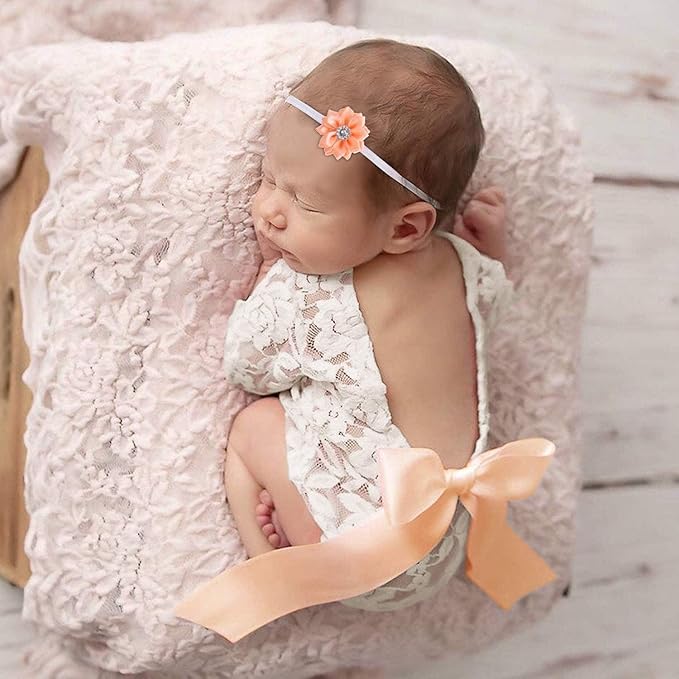 Newborn Girl Photography Outfits, Backless Lace Romper with Flower Headband Photo Props, Baby Girl Photoshoot Outfits