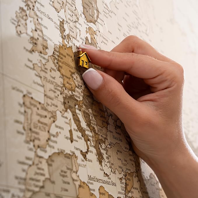 Canvas World Map with Cork Pin Board - English Lettering - Decorative Wall Decoration for All Rooms - Canvas Pictures with World Map Motif (150x100 cm, Pattern 8)