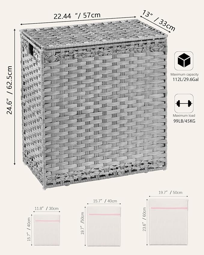 Laundry Hamper with Lid Wicker Laundry Basket 112 L (29.6 Gal) Laundry Hampers Handwoven Rattan Clothes Hamper with Handles 3 Removable Liner Bag, 6 Mesh Bags for Bathroom Bedroom Gray
