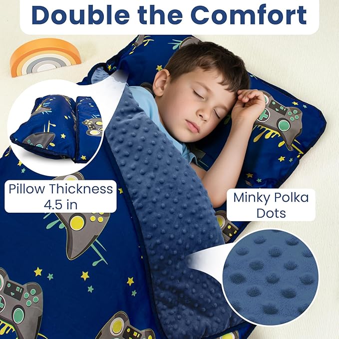 Toddler Nap Mat with Pillow and Minky Blanket, Large 55"x35" Sleeping Bag, Washable, Lightweight, Easy to Roll, Perfect for Preschool, Daycare, Kindergarten, Travel, Boys and Girls(Gamepad)