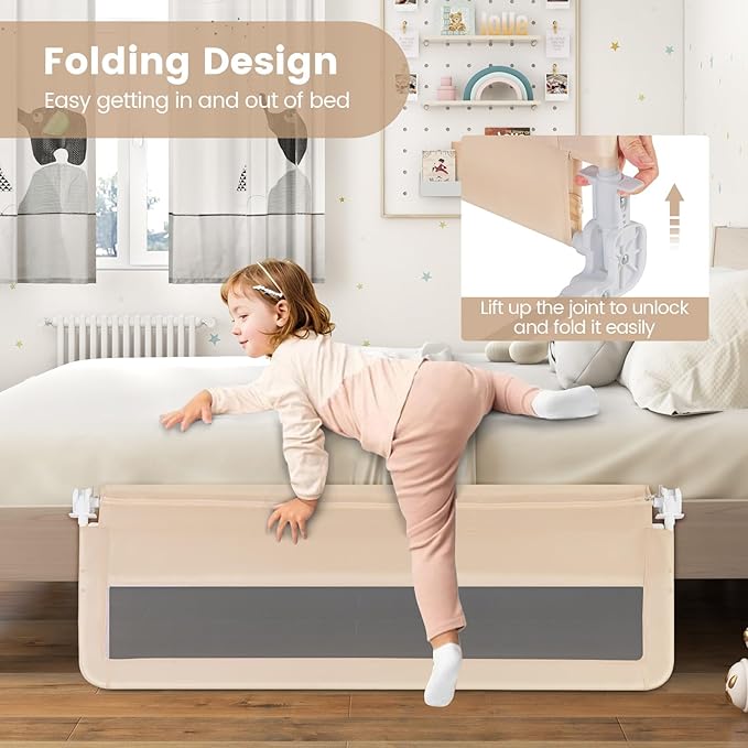 HONEY JOY Bed Rail for Toddlers, 59-in Extra Long, Portable Safety Bed Guardrail w/Double Safety Child Lock, Foldable Baby Bed Rail Guard, Fit King & Queen Full Twin Size Bed Mattress (1 Pack, Beige)
