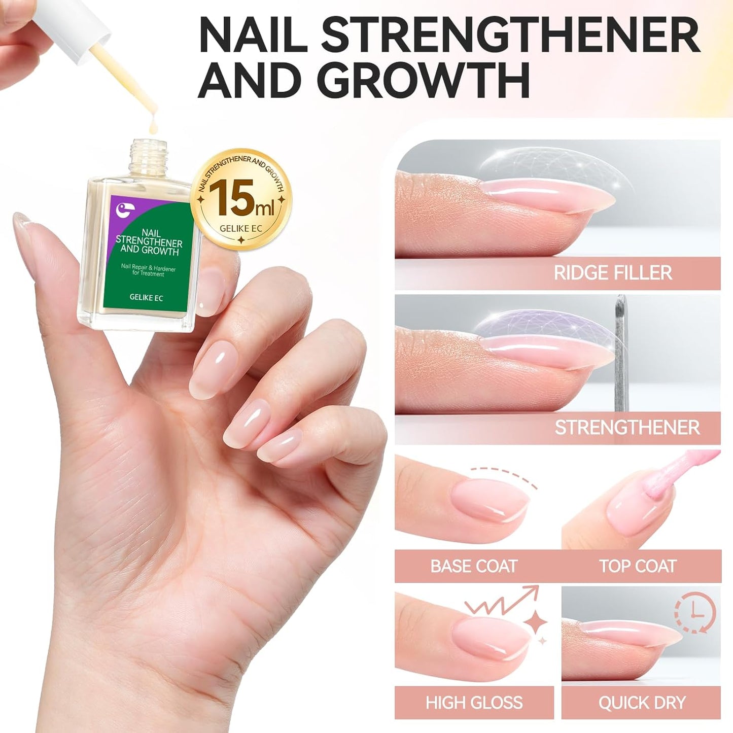 Nail Polish Strengthener and Growth Treatment: Apricot 15ml Gelike EC 6 in 1 Natural Nail Hardener Extra Strong and Growth - Long Lasting Nail Repair for Damaged Nails - For Daily Work Home Salon