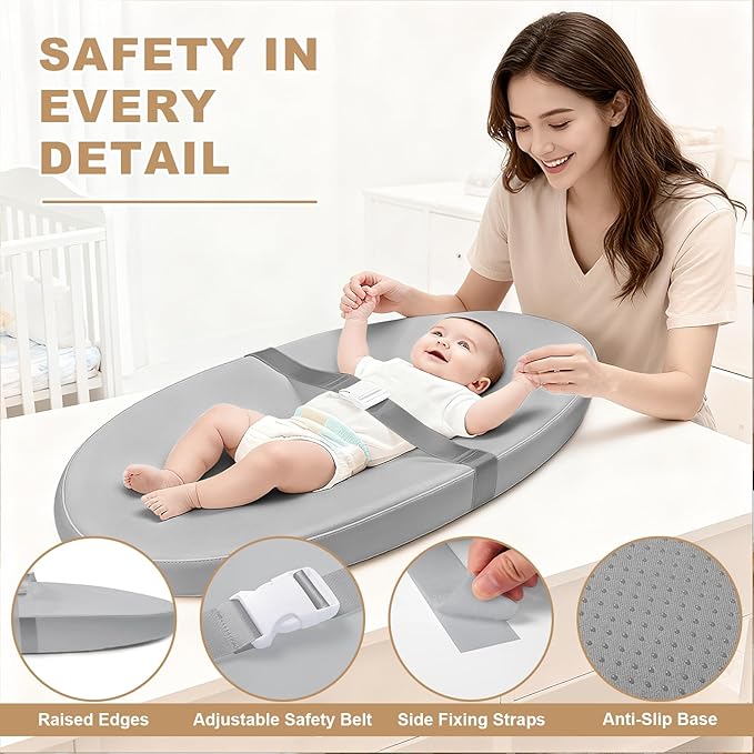 Baby Changing Pad for Dresser, with Wipeable Waterproof PU Cover, Contoured Diaper Changing Pad with Non-Slip Safety Belt, Portable Lightweight Changing Mat with Cushioned Foam, Grey