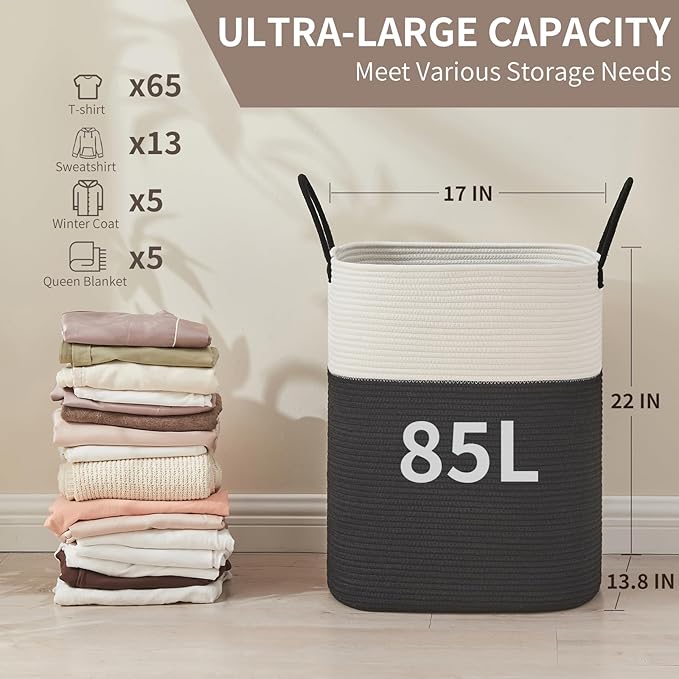 Laundry Basket with Handles - Blanket Basket & Hampers for Bedroom Aesthetic, Laundry Hamper & Blanket Storage for Living Room, Clothes Hamper, Tall, Large 17" x 14" x 25”, White & Black