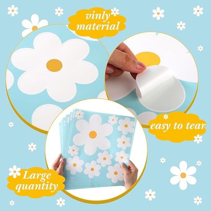 TaoBary 165 Pieces 15 Sheet Large Daisy Wall Decals Flower Stickers Vinyl Peel and Stick Floral Decal Daisy Wall Decor for Nursery Playroom Bedroom Living Room(Fresh)