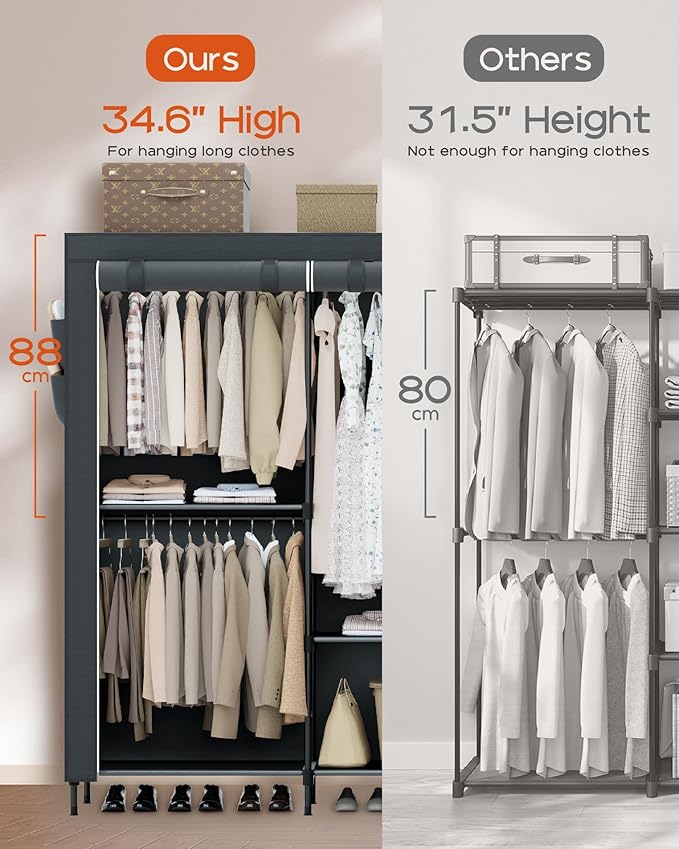 Clothes Rack, Portable Closet, 81.5 Inch Large Capacity Wardrobe Closet, Clothes Storage Organizer with Shelves and 5 Hanging Rods, Easy to Assembly, Grey PCT136G01
