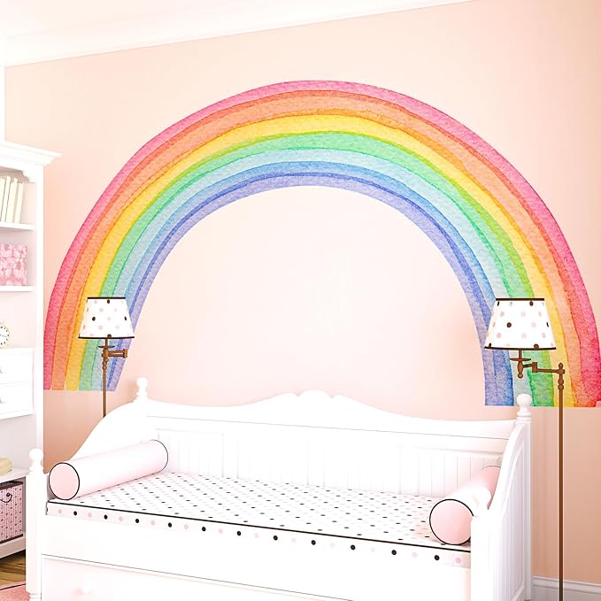 Large Watercolor Rainbow Wall Decals, Colorful Peel and Stick Vinyl Nursery Wall Decor, Removable Home Room Wall Decor Murals Stickers for Kids Girls Toddler Bedroom Living Room Playroom