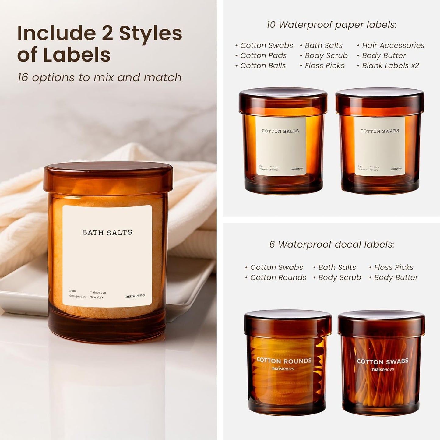 MaisoNovo Qtip Holder Bathroom Set – Airtight Glass Qtip Holder with Lid to Store Q Tips, Cotton Rounds, Cotton Balls, Floss Picks, Hair Ties with free labels pack - 2 Amber Jars with Glass Lids