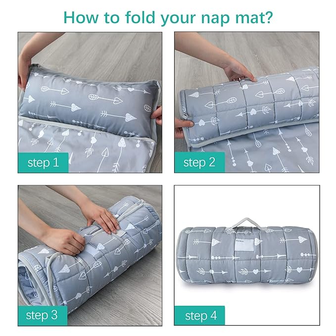 Biloban Nap Mat with Pillow and Blanket, Cot Nap Mats for Daycare Preschool Kindergarten, Portable Travel Sleeping Bag for Kids, Super Soft & Cozy, Grey Arrow, 50" x 21"