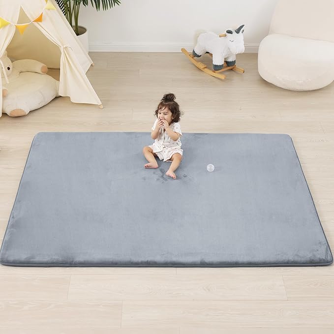 1.3" Thick Baby Floor Play Mat 59x71, Basic Padded Foam Mat for Tummy Time Crawling, Non Slip Cushioned for Babies Toddlers Infants Kids (Light Grey)