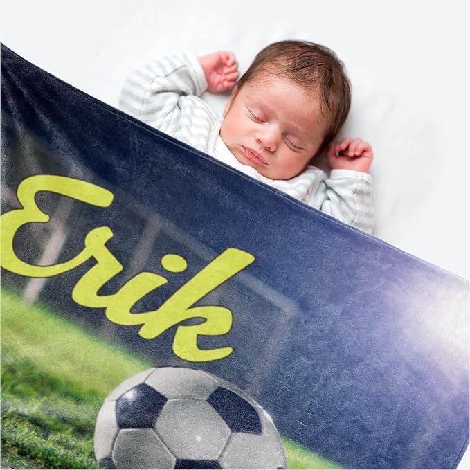 Personalized Baby Balll Soft Blanket: Custom Kids Soccer Design Blanket with Name and Number - Bedding Gifts for Infants Toddlers Adults 60x80inch
