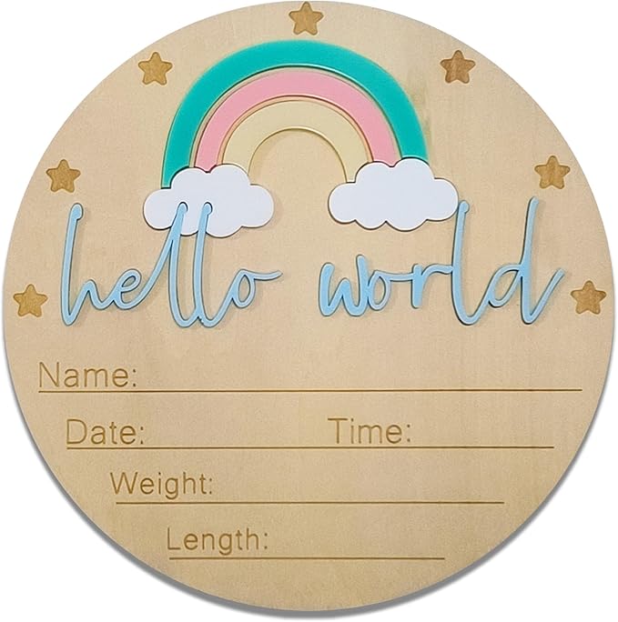 Baby Announcement Sign - 5.9” Round Wooden Hello World Newborn Sign with 3D Rainbow & Cloud - Keepsake Birth Gift for Baby Boy’s First Day, Hospital, Shower, or Nursery Décor (Blue)