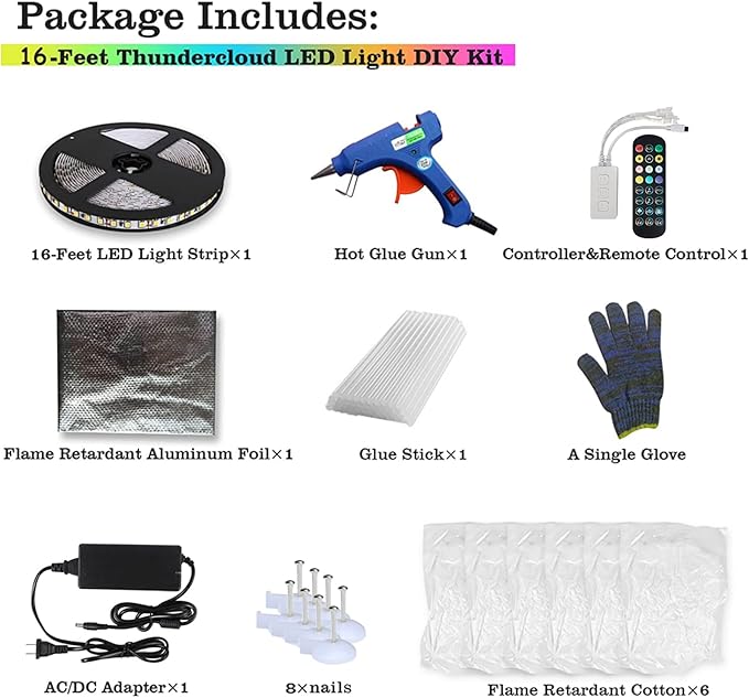 ,New 3D Thundercloud LED Light Cotton Lightning Cloud Colorful Atmosphere Night Light, DIY Creative Cloud Lights Gaming Room Garage Club Bar dj Party,16 Feet